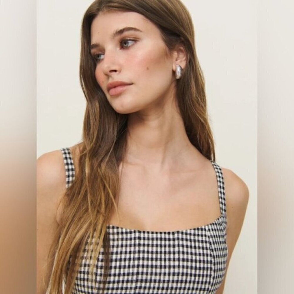 NEW Reformation Hattie Linen Top in Black and White Remy Check | size US 0 - Picture 3 of 13